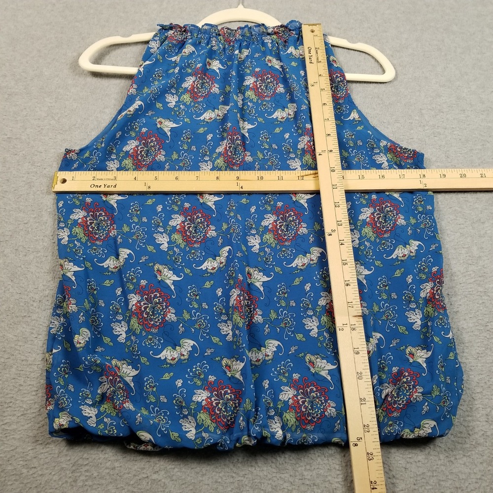 Max Studio Blouse Womens M Medium Blue Floral Tie Neck Sleeveless Bubble Hem Top - Picture 8 of 9